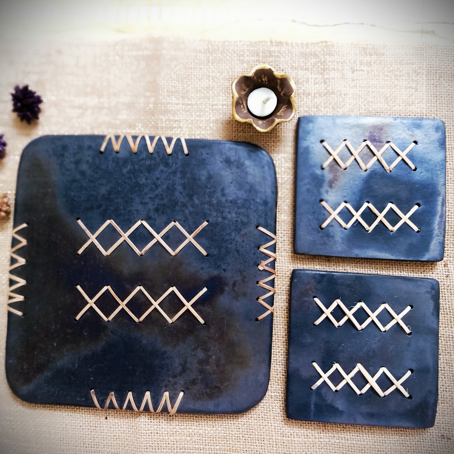 Longpi Black Pottery Trivet and Coaster Set