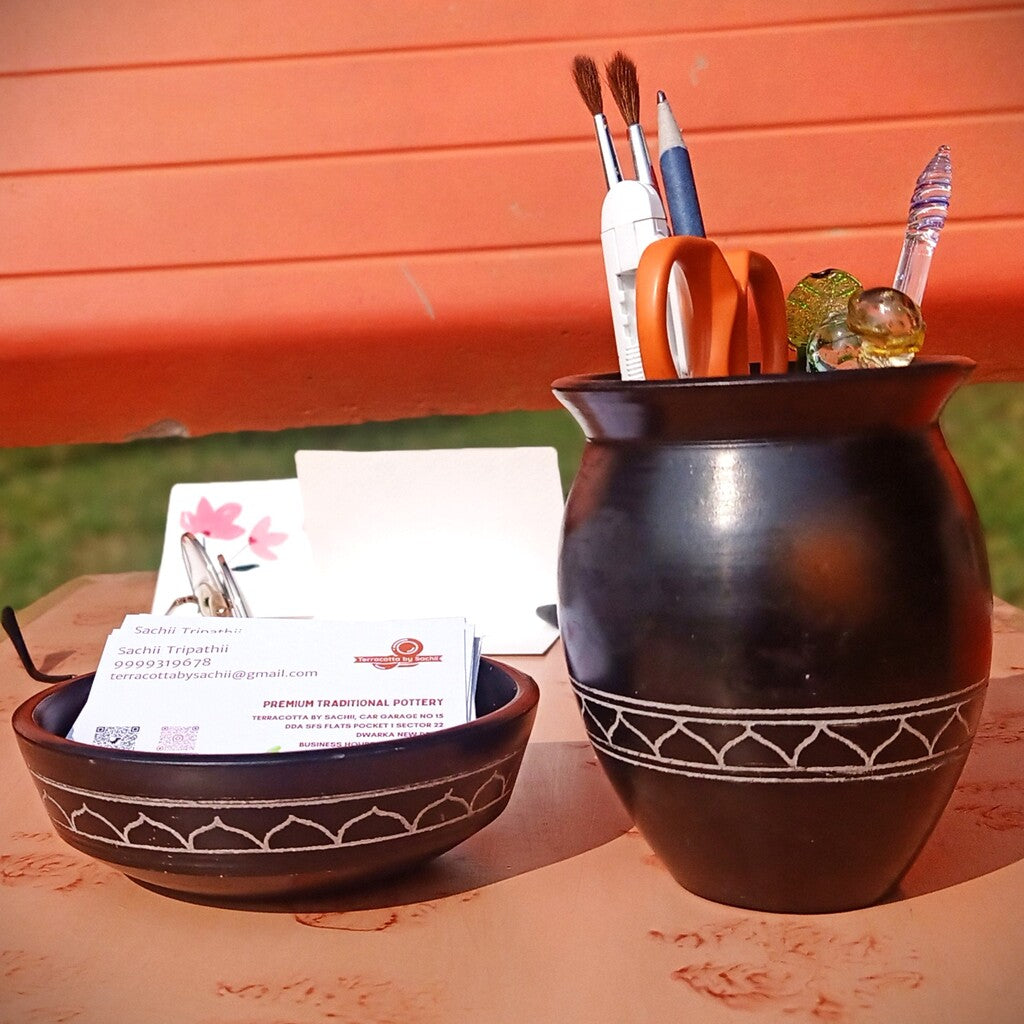 Nizamabad Black Pottery Desktop Stationery Holder Gift Set