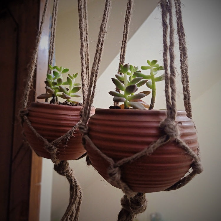 Reduction Fired Terracotta & Jute Hanging cum Desktop Planters Set of 2