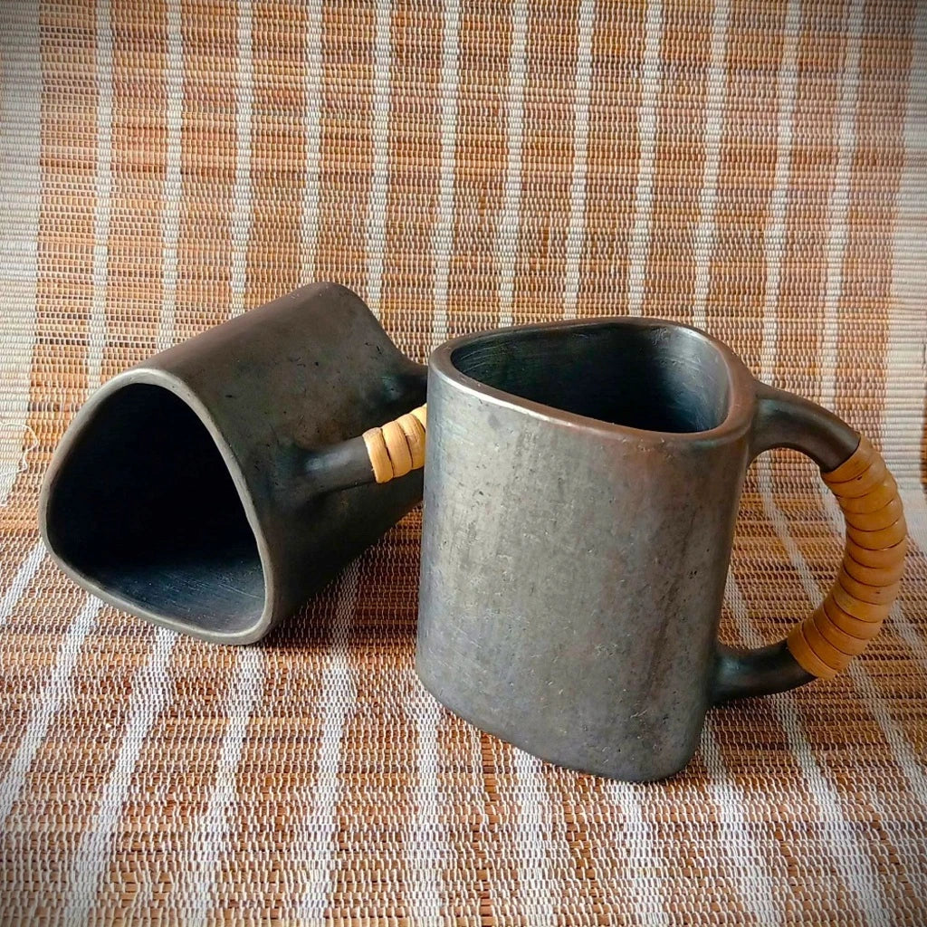 Longpi Black Pottery Trikon Coffee Mugs Set of 2