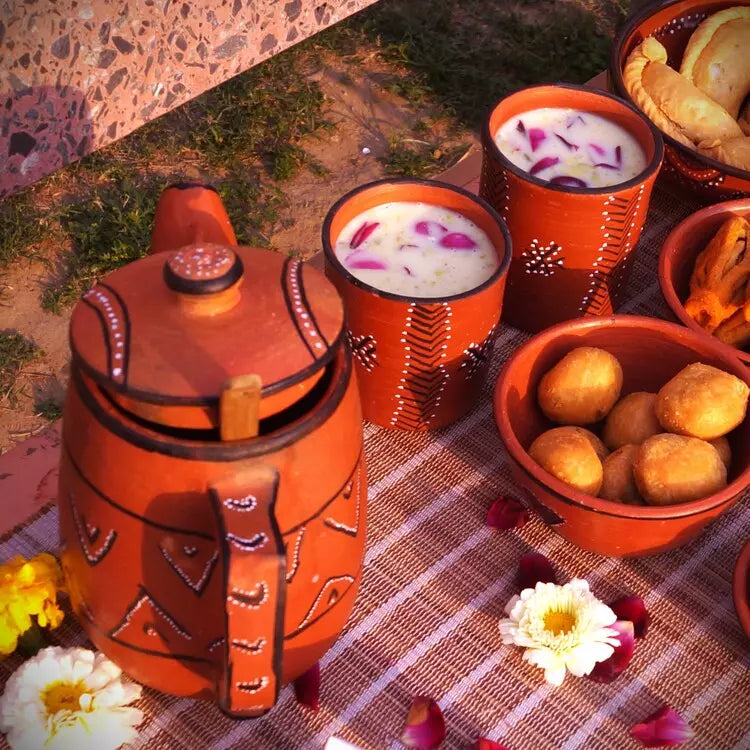Kutch Painted Pottery Holi Serving Set With Casserole, Jug, Tumblers, Bowls and Gulal Holders